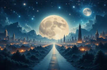 A long road stretches towards a fantastical city under a massive moon and starry night sky.  Mountains flank the path, leading to a futuristic cityscape glowing with warm lights.