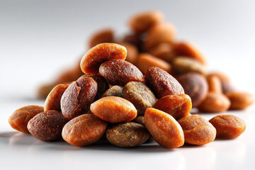 Realistic photograph of close up dry pet food kibble, showcasing variety of shapes and textures. warm colors evoke sense of nourishment and care for pets