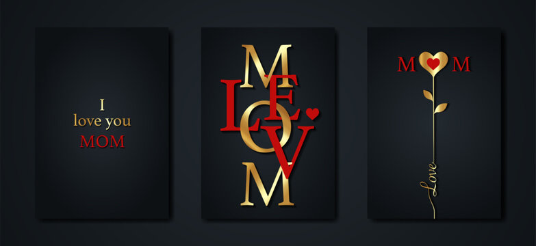 Happy Mothers day lettering set black card. Gold and Red texture. Luxury holiday poster with text. Concept for mother's day banner, flyer, party invitation, gift shop, vector vertical templates