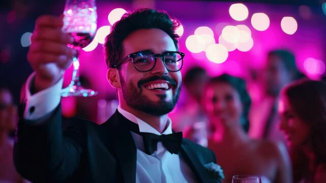 A joyful man in a tuxedo raises a glass in celebration at a vibrant party, surrounded by colorful lights and smiling guests.