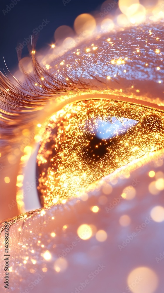 Poster close-up of a glittering eye, golden sparkles illuminating the iris and lashes, bokeh effect in back