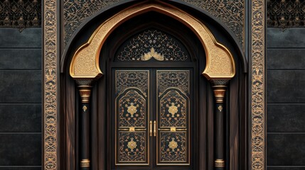 Ornate, dark, golden, arched doorway, intricate design