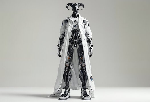 a futuristic robotic figure with ram horns stands confidently wearing a long white coat over intricate black mechanical legs and torso.