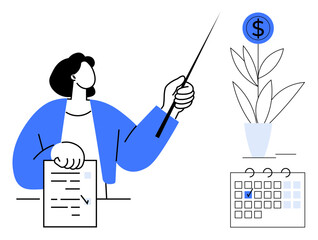 Professional presenting strategy with a checklist, calendar, and a growing money plant. Ideal for financial planning, investment tips, productivity, success, growth, leadership flat simple metaphor