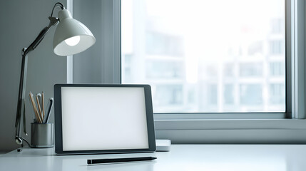 Clean desktop arrangement featuring tablet with blank screen for design insertion near window