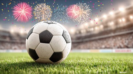 Fototapeta premium Soccer ball resting on vibrant green grass, surrounded by colorful fireworks celebrating a sports event