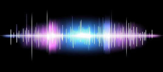 Abstract sound wave visualization with vibrant blue and purple hues against a black background.  The light pulses show peaks and valleys of audio frequency