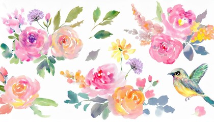 Obraz premium watercolor floral and bird illustration for spring design, web decor, fabric prints, wedding invites, and branding projects