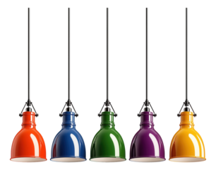 Five colorful industrial pendant lamps in red, blue, green, purple, and yellow hanging in a row.