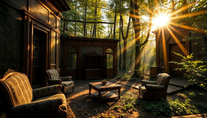 Terrace of an abandoned mansion in a dense forest. Golden hour. Rays of sun shining through the foliage. Spider web on old furniture