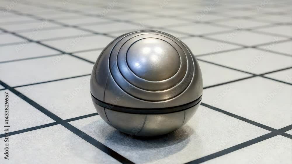 Poster a metallic ball rests on a checkered floor, featuring a sleek design and circular patterns.