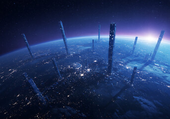 Stunning Futuristic Cityscape: Space Elevators & Earth's Glow