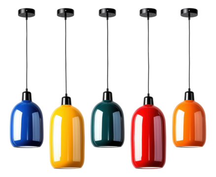 Five colorful pendant lamps in blue, yellow, green, red, and orange suspended in a row.