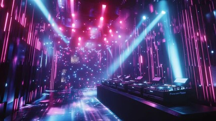 Vibrant nightclub scene with professional DJ equipment and mesmerizing neon lighting effects - Powered by Adobe