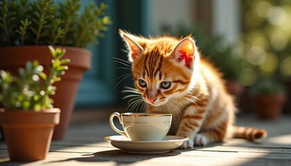 Cute ginger kitten curiously inspecting small tea cup among potted plants in sunny garden
