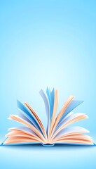 Open book with pages gently curling, light blue background