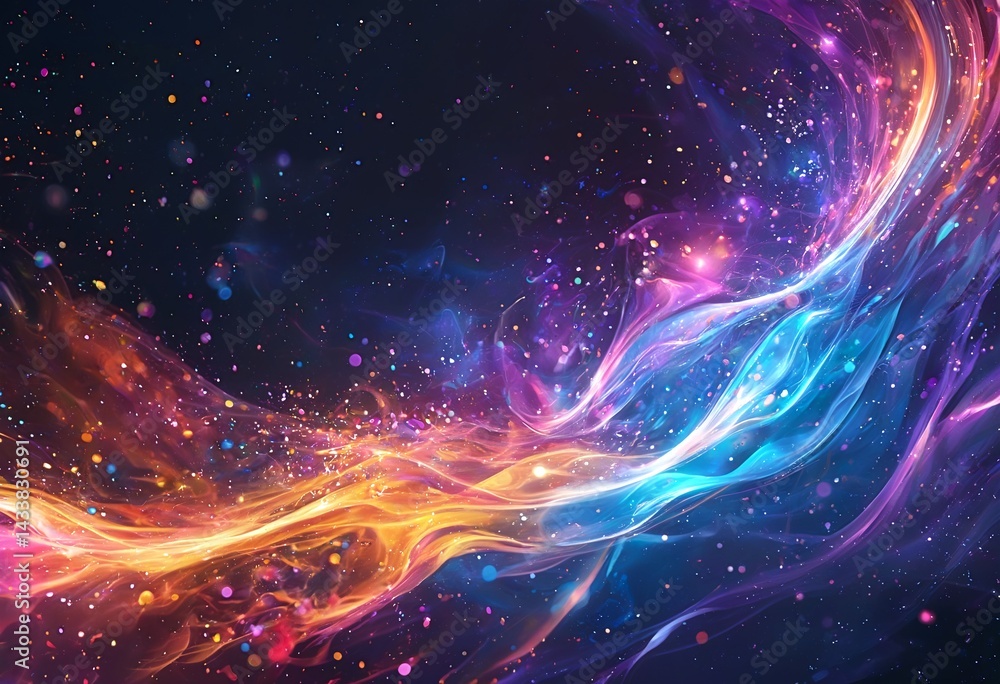 Poster a vibrant abstract explosion of swirling colors and cosmic particles creates a dynamic and ethereal 