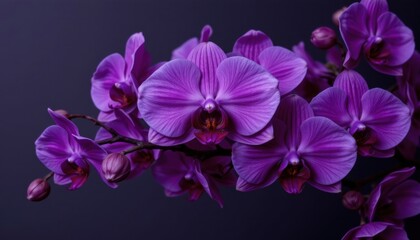 Obraz premium Vibrant Purple Orchid Flowers on Dark Background in Artistic Display