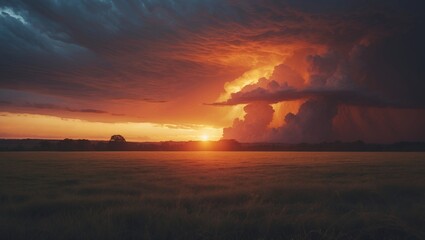 Apocalyptic sunset with thunderstorm over empty field
