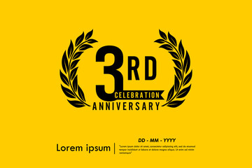 3rd years anniversary celebration emblem. anniversary logo isolated with laurel wreath and ribbon on yellow background. vector illustration template design for web, flyers, poster, greeting card