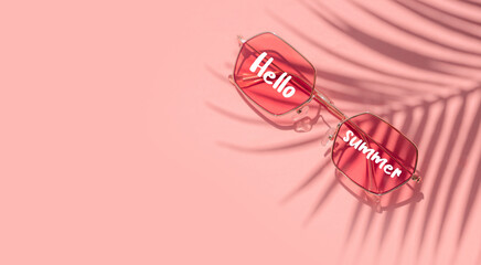 Sunglasses and palm tree shadow on pink background, summer banner, vacation and travel concept