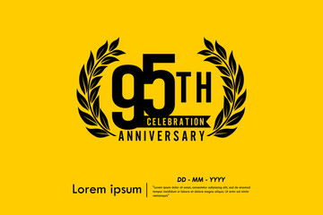 95th years anniversary celebration emblem. anniversary logo isolated with laurel wreath and ribbon on yellow background. vector illustration template design for web, flyers, poster, greeting card