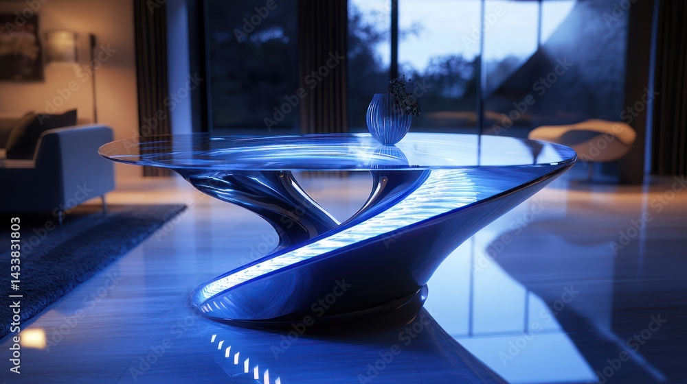 Poster modern table with a reflective surface in a well-lit interior with a blurred background