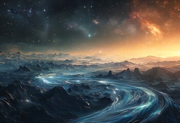Fototapeta premium a swirling, luminous river cuts through a vast, mountainous alien landscape beneath a vibrant, star-filled sky.