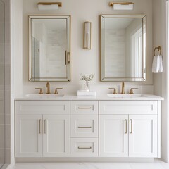 Luxurious modern bathroom featuring dual sinks with elegant golden fixtures, stylish mirrors, and a serene ambiance, perfect for showcasing home interior design inspirations.