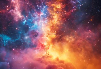Naklejka premium a vibrant cosmic nebula displays a stunning contrast between cool blues and fiery oranges, speckled with distant stars.