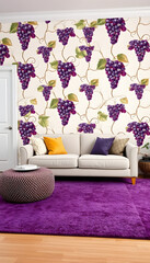 Living room with soft sofa, wallpaper with grapes and purple carpet, colorful. White tone