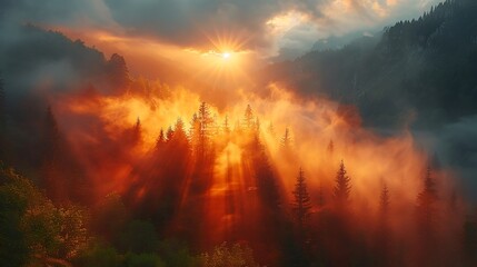 Naklejka premium Mountain Ridge At Golden Hour, Light Rays Slicing Through Layered Fog, Cinematic Emotional Depth
