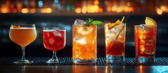 Five cocktails at bar, blurry background.  Menu photography