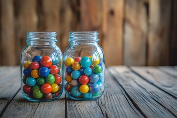 Colorful Bouncing Balls in Glass Jars on Timber Table Surface