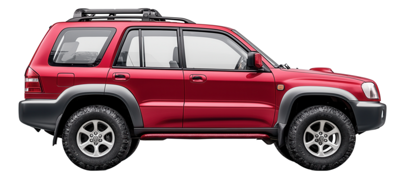 Red off-road SUV with roof rack, high-clearance tires, and five doors viewed from side.