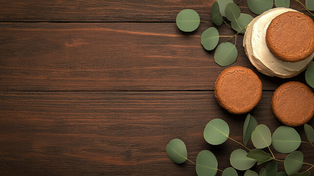 Delicious cookies on wooden table with leaves. Happy Australia Day Celebration