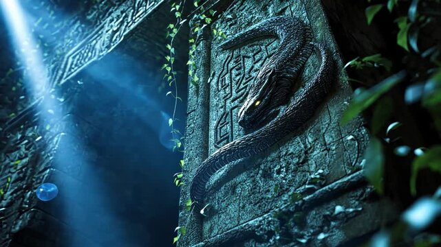 Serpent Carving on Ancient Stone Wall Surrounded by Lush Green Vines in Mysterious Foggy Environment