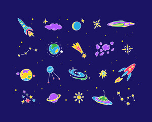 Space exploration for kids. Set of simple doodle objects with light outline on dark background