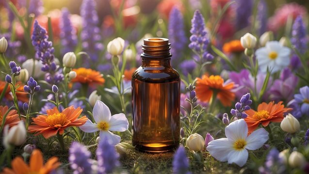 Aromatic elixir surrounded by vibrant floral beauty