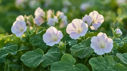 Obraz premium Delicate pale pink flowers bloom in a lush green field. Soft morning light bathes the blossoms in a gentle glow