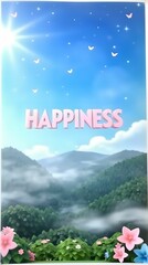 Inspirational Banner with the word "happiness" with blooming flowers in the daytime