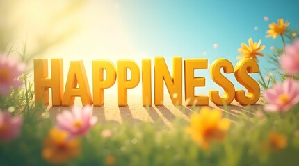 Inspirational Banner with the word "happiness" with blooming flowers in the daytime