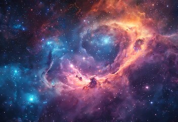 Fototapeta premium a vibrant cosmic nebula swirls with brilliant blues, fiery oranges, and deep purples amidst a dazzling field of distant stars.