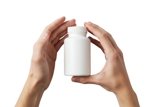 Hands holding a white plastic bottle