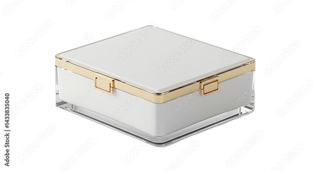 Poster a white and gold square box with a clear base sitting on a black background in a studio setting