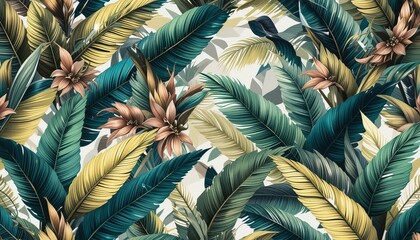 Tropical seamless pattern with beautiful palm, banana leaves. Hand-drawn vintage 3D illustration.