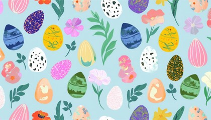 whimsical floral easter egg illustration pattern on pastel blue background for spring web design, greeting cards, branding, and textile projects


