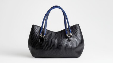 Naklejka premium Black Textured Handbag with Blue and White Braided Handles on Light Gray Background