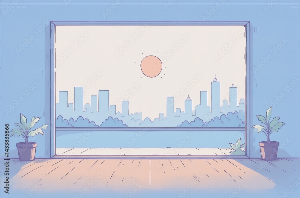 Aufkleber a serene minimalist illustration depicts a cityscape viewed through a large window from a room with 