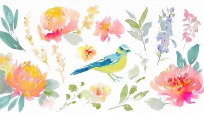 watercolor floral bird illustration for web design, print media, or branding with pastel flowers, leaves, and a colorful songbird on white background

